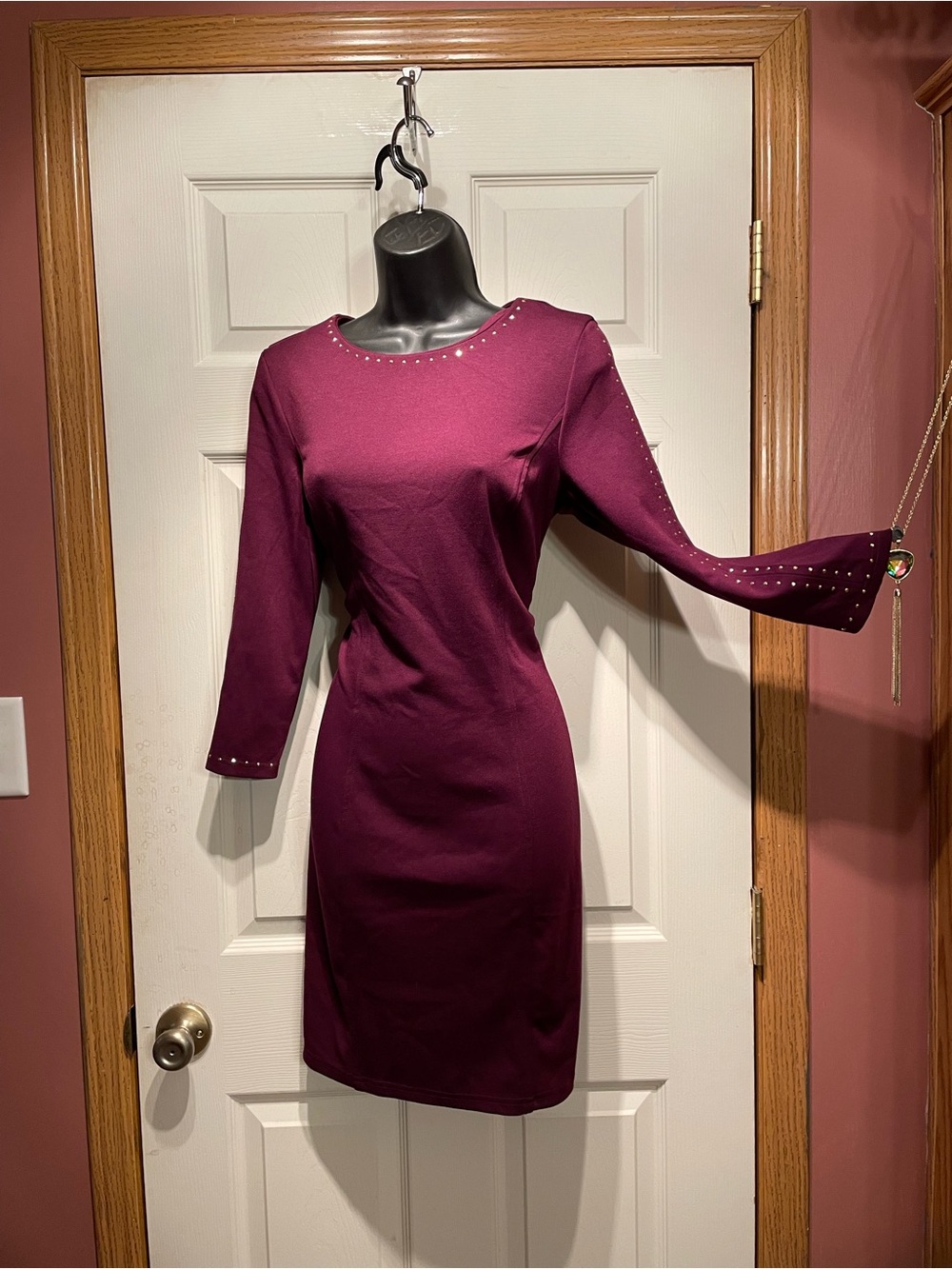 VENUS Plum Long-Sleeve Sheath Dress with Stud Accents